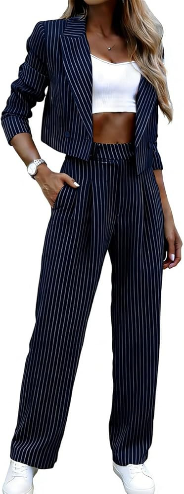 Women's 2 Piece Striped Blazer Jacket & Pants Set - Cropped High Waisted Wide Leg for Daily Work ... | Amazon (US)