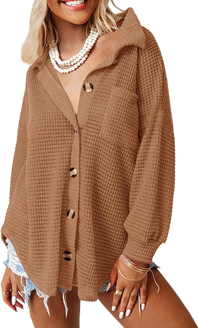 ANGGREK Womens Casual Button Down Shirts Waffle Knit Shacket Jacket Long Sleeve Dressy Blouses To... | Amazon (US)