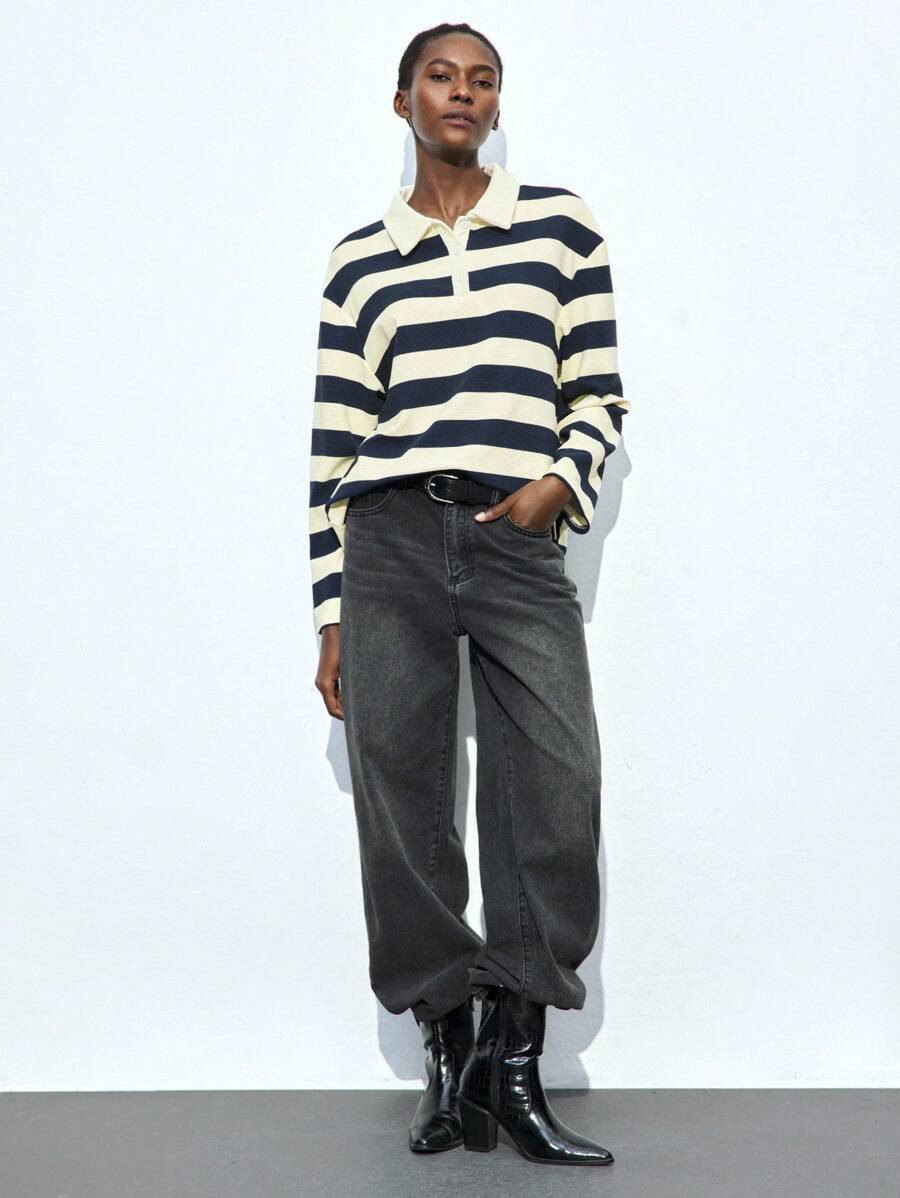 Maija Women's Blue And Apricot Striped Early Spring Casual Long Sleeve Front Button Loose Fit Ver... | SHEIN