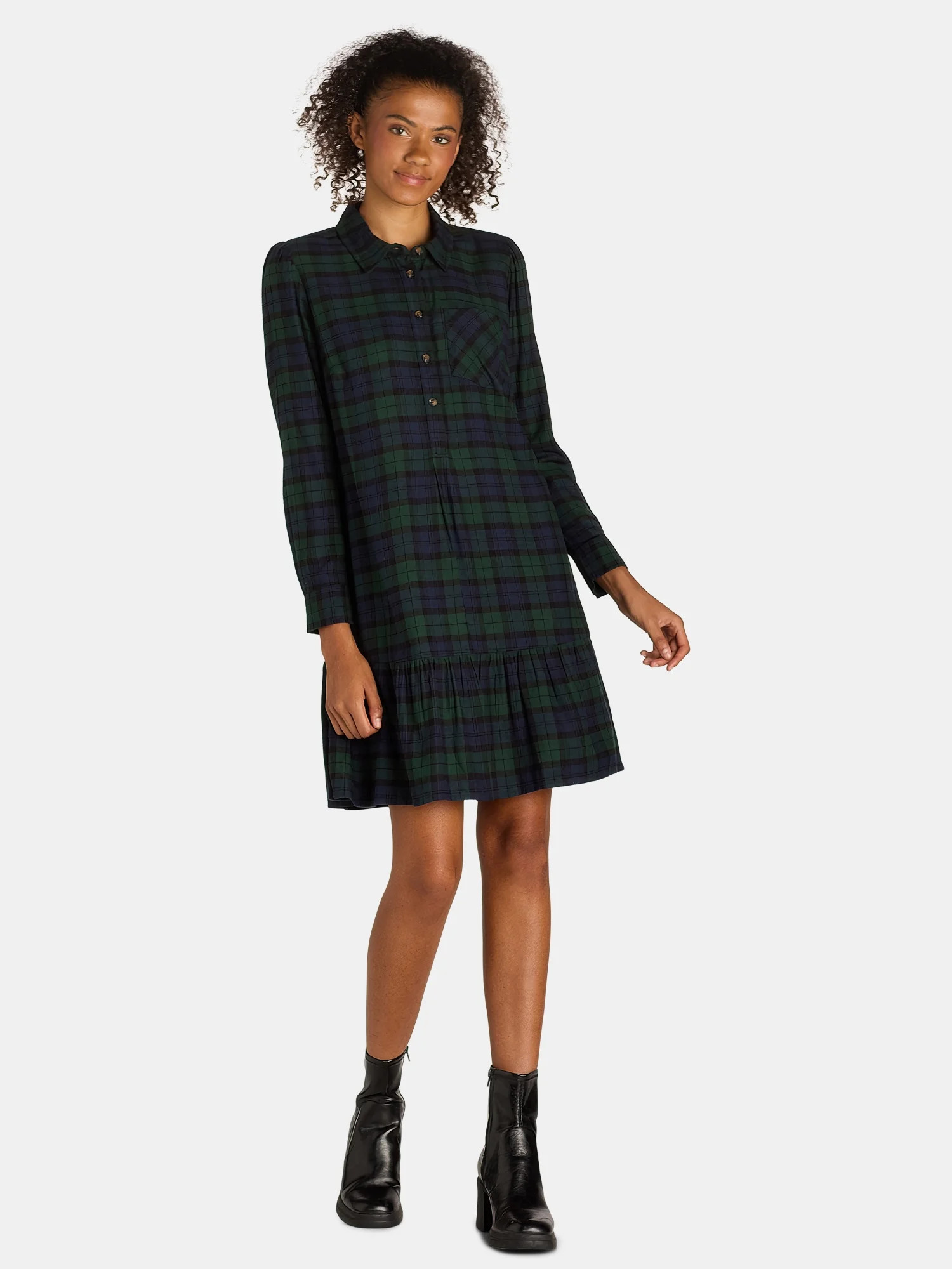 Time and Tru Women's Plaid Mini Dress with Long-Sleeves, Sizes XS-XXXL | Walmart (US)