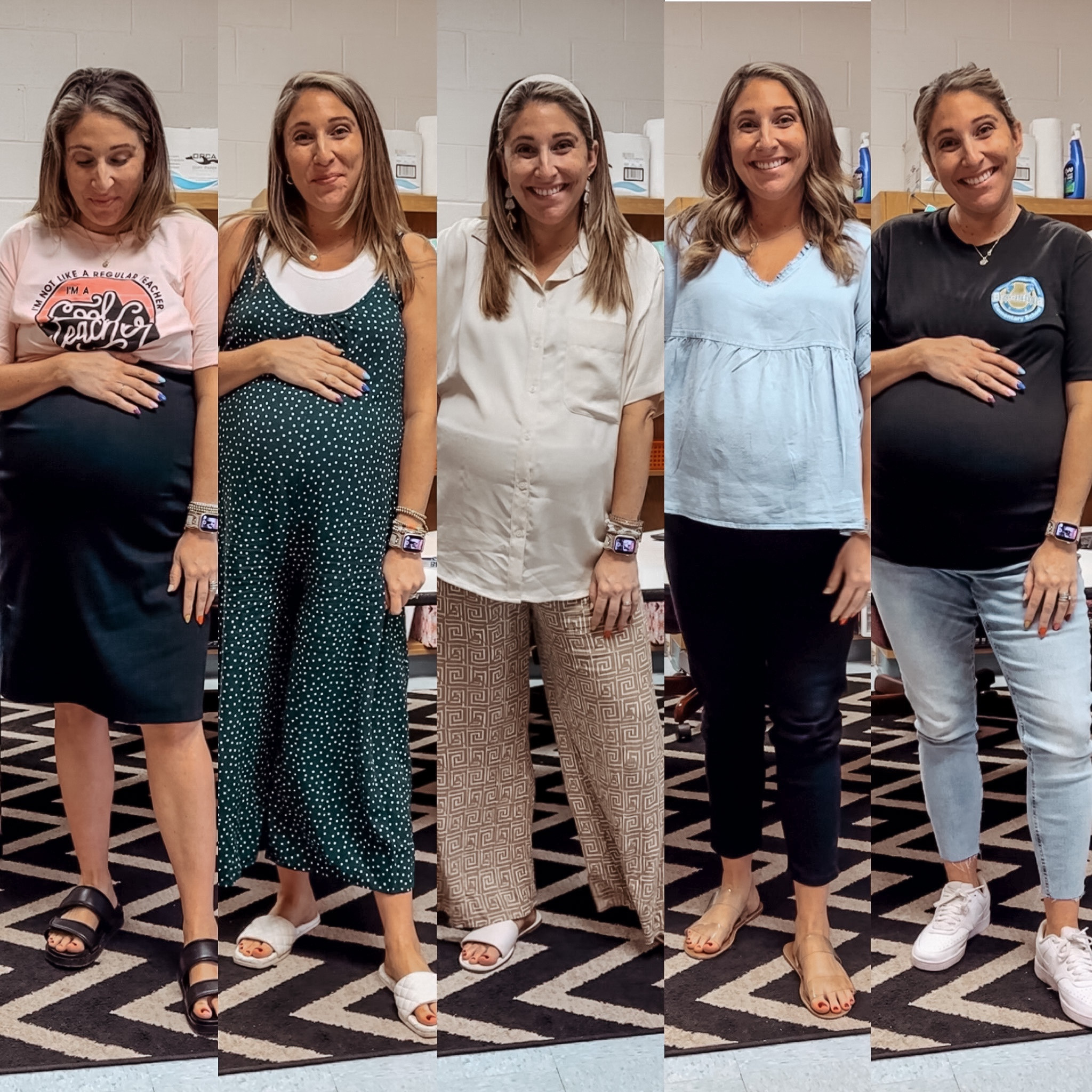 Teacher ootd for this week! Sizing from left to right
Tee XL / dress XL / bodysuit XL / jumpsuit L / top L / pants XL / top (maternity but also comes in regular) L / black jeans (maternity) 14 / jeans (maternity) 14 / slides tts / Nikes sized one size down 

#LTKBacktoSchool #LTKbump #LTKstyletip