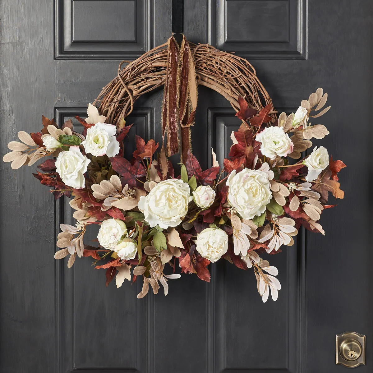 Autumn Ambiance - Dried Look Fall Leaves & Cream Peony with Beige Privet Half Crescent Wreath | Darby Creek Trading