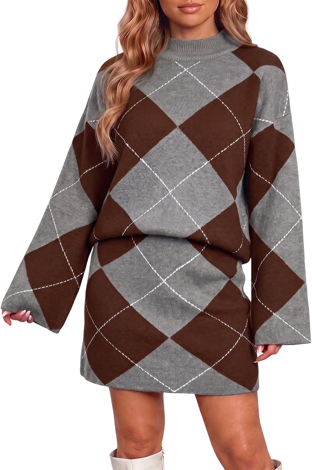 Wenrine Womens 2 Piece Outfits Argyle Casual Loose Fall Sweater Skirt Sets | Amazon (US)