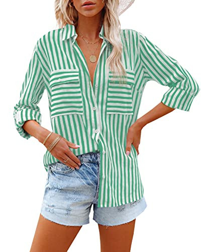 OMSJ Women's Striped Button Down Shirts Casual Long Sleeve Stylish V Neck Blouses Tops with Pockets (Green, XX-Large) | Amazon (US)