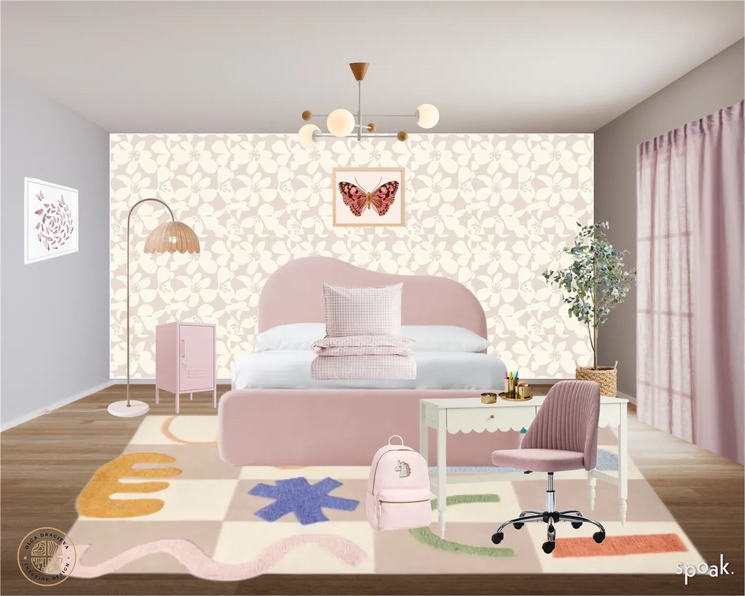 Gorgeous pink girl’s bedroom! Pink queen bed, funky abstract rug, floral wallpaper, wall art, white scalloped desk, velvet kid’s office chair. Rattan floor lamp and pink curtains. 

#LTKHome #LTKKids #LTKFamily