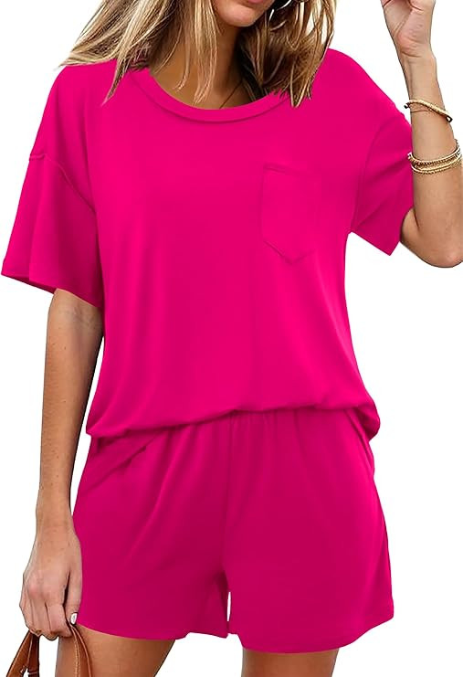 Ekouaer Women's 2 Piece Pajama Sets Short Sleeve Lounge Sets Soft Round Neck Top and Shorts Sleep... | Amazon (US)