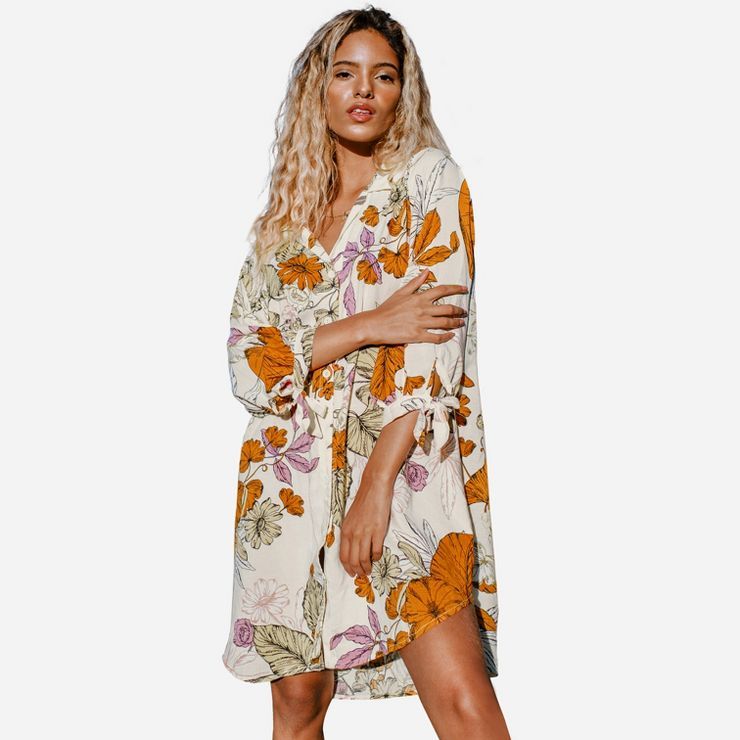 Women's Long Sleeve Floral Buttoned Shirt Dress- Cupshe -Orange/White | Target
