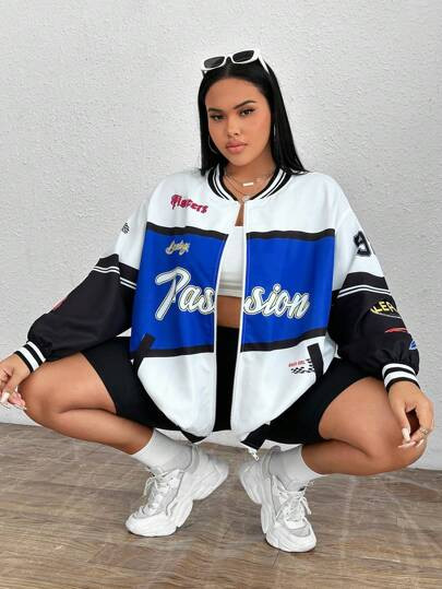 SHEIN X ONE Musicfest SHEIN Coolane Plus Letter Graphic Colorblock Drop Shoulder Bomber Jacket | SHEIN
