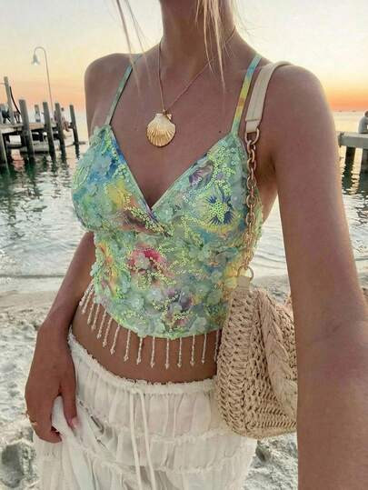 Aloruh Women's Green Floral Sequin Camisole Y2K Fringe Hem Top For Summer,Boho,Beach,Holiday,Holi... | SHEIN