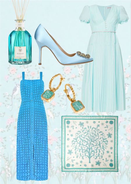 Turquoise, teal and blue lace and chiffons dress along with scarf, heels, earrings and a home fragrance. All perfect for summer and the beach

#LTKstyletip #LTKshoecrush