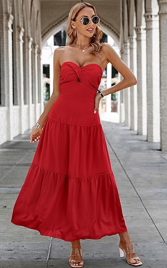 ECOWISH Women's Summer Strapless Maxi Dress 2024 Off Shoulder Hollow Out Smocked A Line Tube Tier... | Amazon (US)