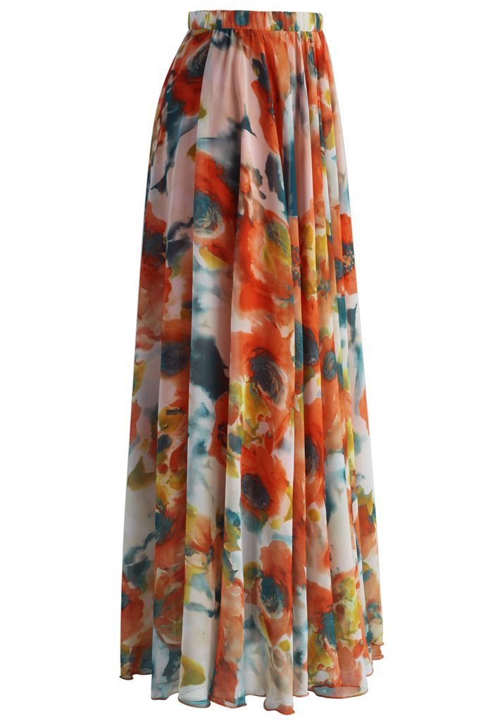 Orange Blossom Watercolor Maxi Skirt | Chicwish