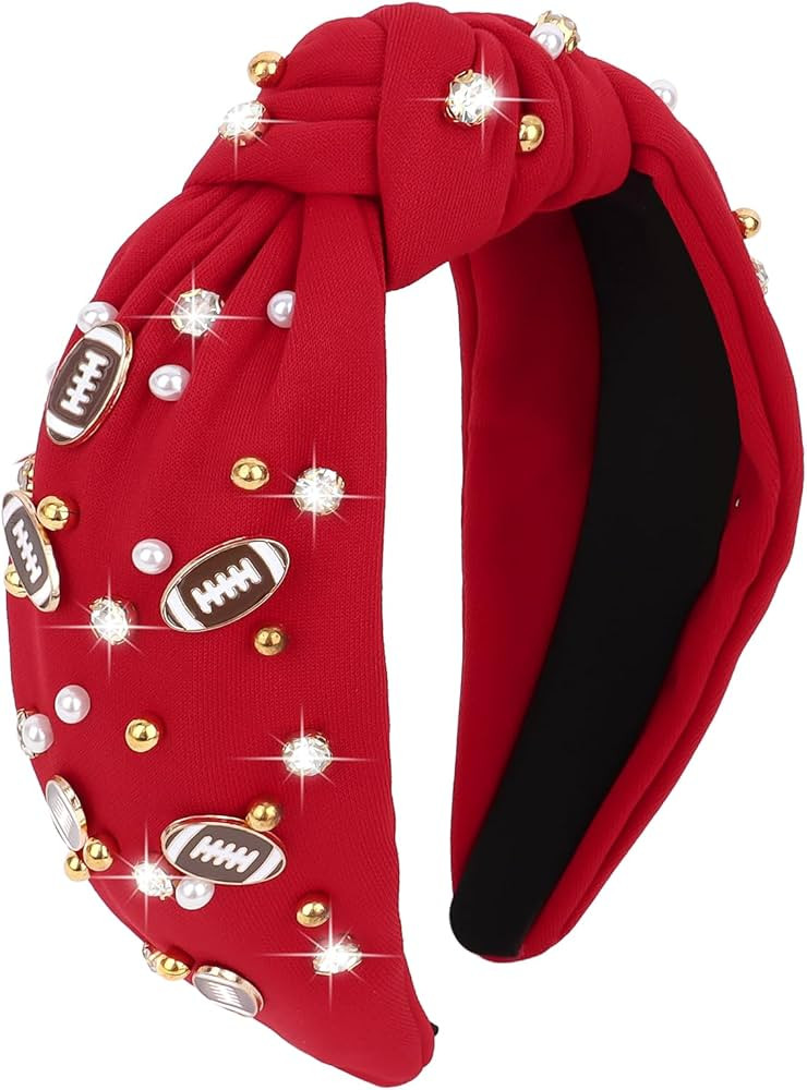 YARIEW Football Headband for Women Pearl Rhinestone Jeweled Knotted Headband Fashion Headband Wid... | Amazon (US)
