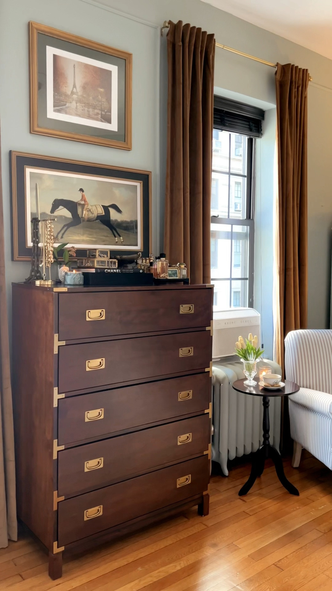 My new favorite nook ✨ After temporarily having a chair in this corner when the baby came along, I found myself sitting there a lot. I perused @wayfair (because last minute design ideas need to be affordable) and decided to make it a permanent change with this striped beauty. A little place for coffee and voila, we have a new spot! Linking these stunning pieces along with my campaign dresser in the @shop.ltk app! 🤍  #wayfair #partner #liketkit #liketkithome 