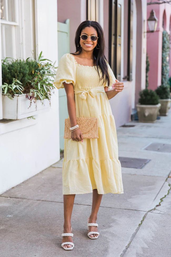 Looking For Perfection Yellow Puff Sleeve Midi Dress FINAL SALE | The Pink Lily Boutique