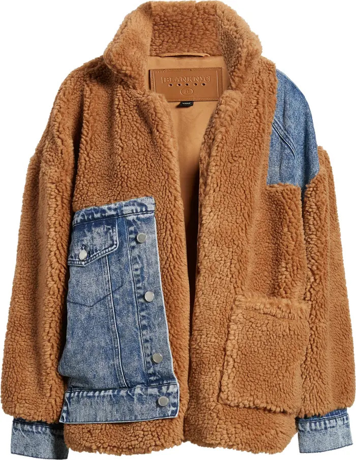 Denim Patchwork Faux Shearling Teddy Coat | Nordstrom