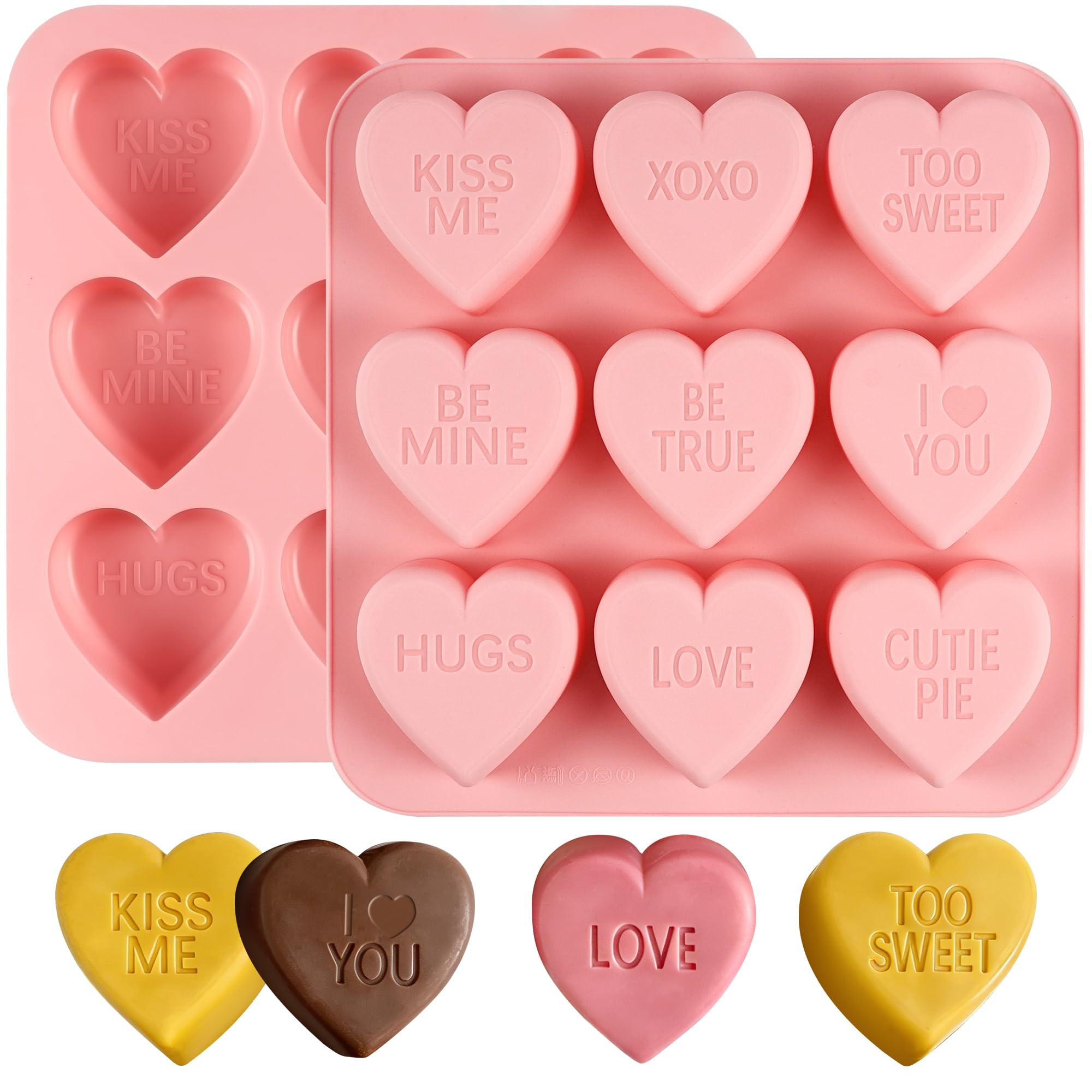 Conversation Heart Molds,9-Cavity Hearts Chocolate Silicone Molds with Love Words,2 Pack Non-Stic... | Amazon (US)