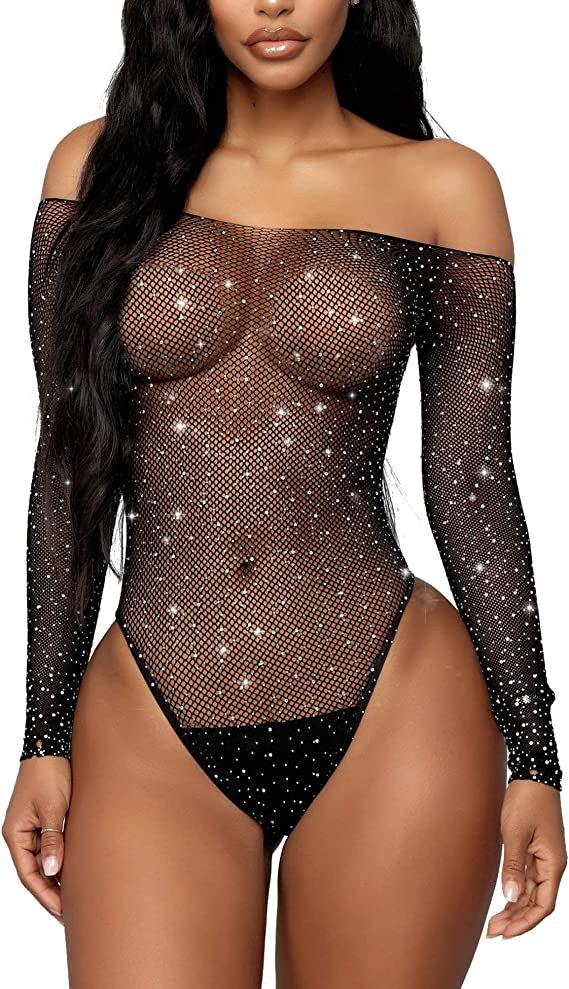 RSLOVE Women Lingerie Fishnet Bodysuit Sparkle Rhinestone Sexy Mesh Teddy Lingerie | Amazon (US)