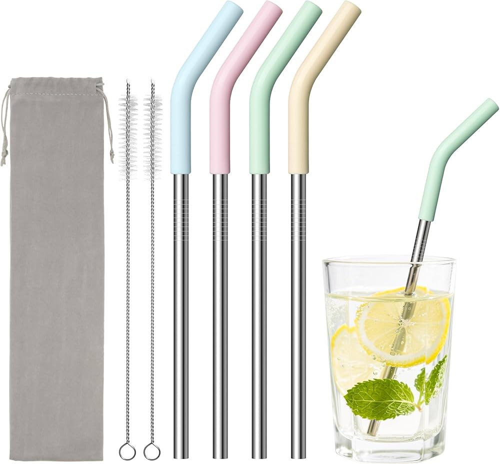 6.7" Short Metal Straw-Reusable Stainless Steel Drink Straws with Silicone Tips and Brush, Fit fo... | Amazon (US)