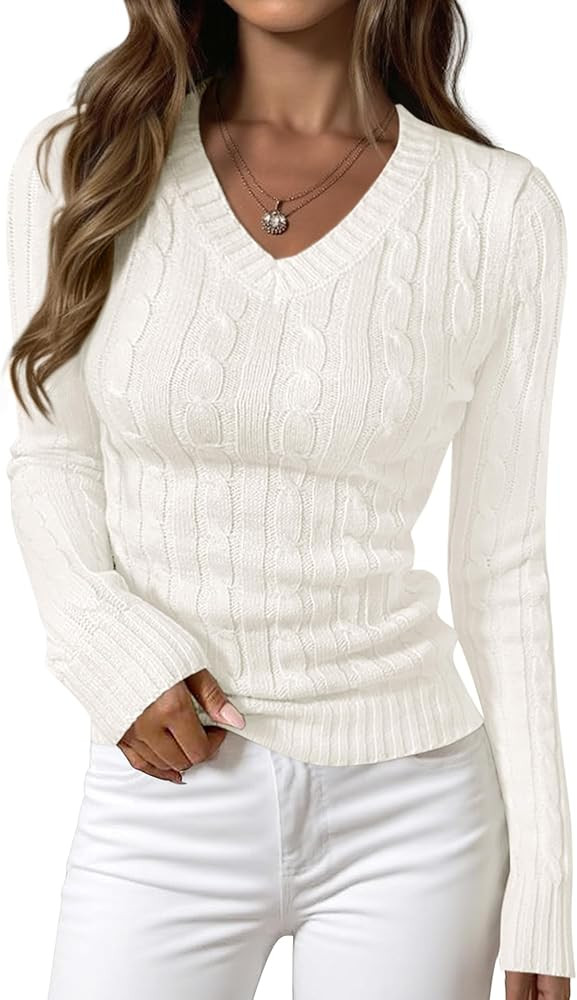 PRETTYGARDEN V Neck Cable Knit Sweaters for Women 2025 Long Sleeve Ribbed Fitted Pullover Tops Bu... | Amazon (US)