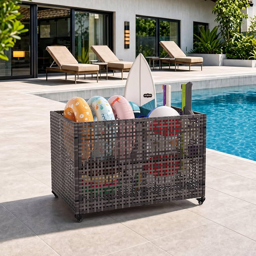 Garvee Pool Float Storage Organizer, Outdoor Wicker Rattan Large Storage Bin with Rolling Wheels ... | Amazon (US)
