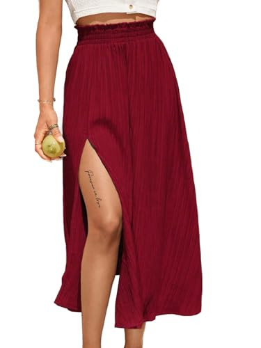 Avanova Women Slit Split High Waisted Midi Skirts Pleated Linen Flowy Skirts Red Small | Amazon (US)