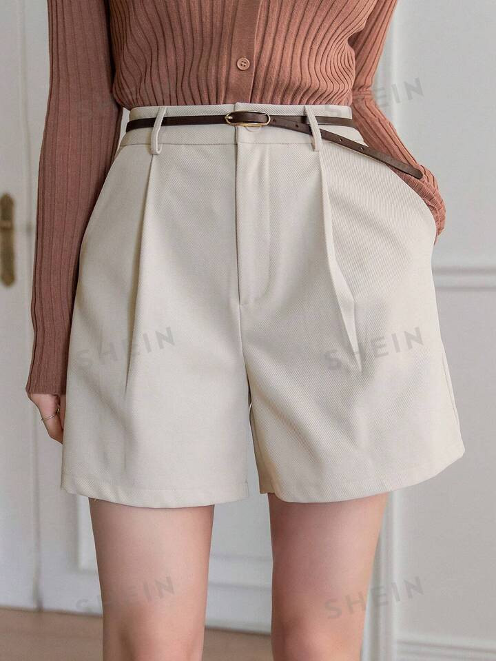 DAZY Women's Solid Color High Waist Straight Shorts With Slanted Pockets And Pleats | SHEIN USA | SHEIN