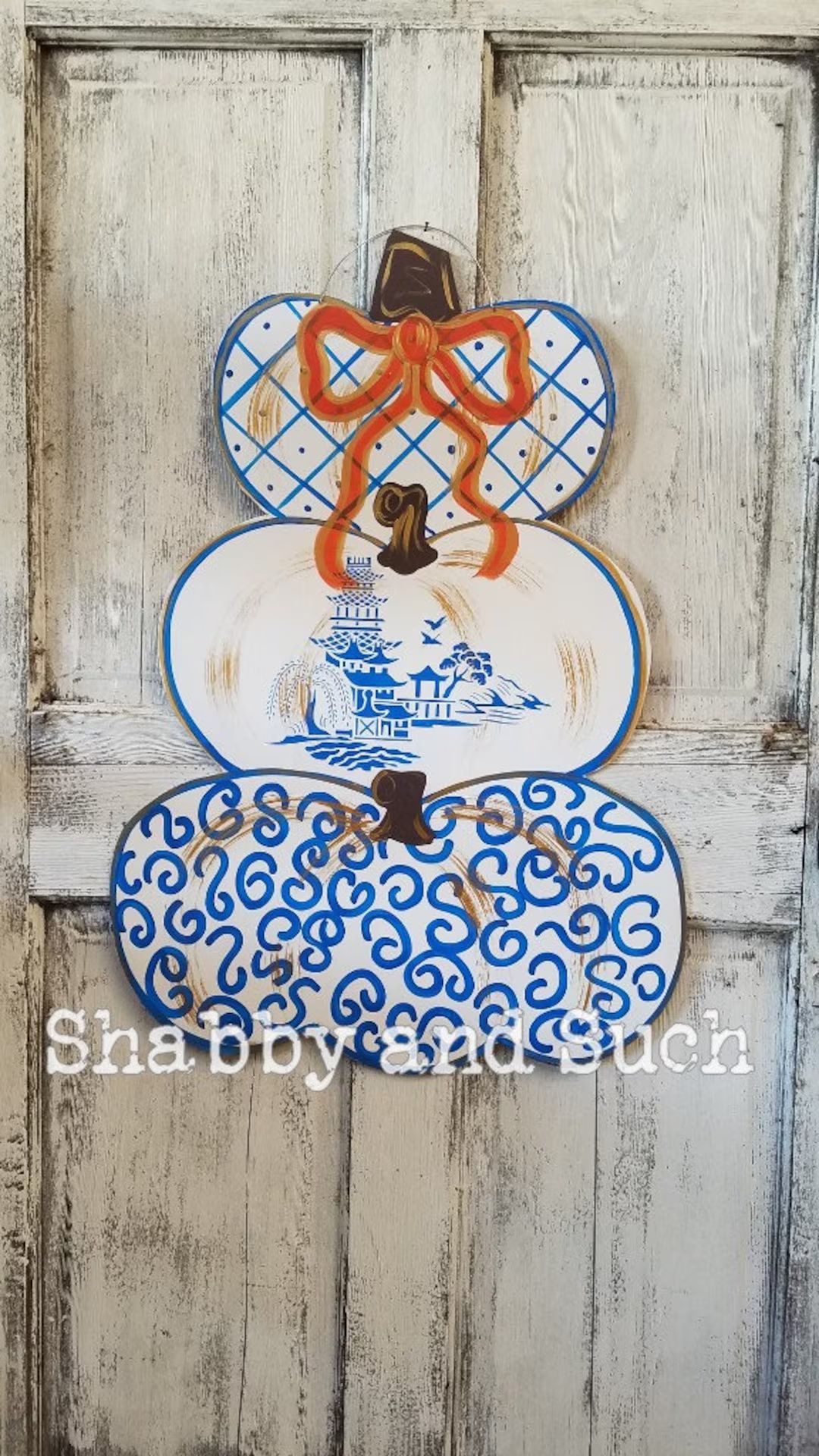 Chinoiserie Stacked Pumpkin Door Hanger Blue Willow Inspired - Etsy | Etsy (US)