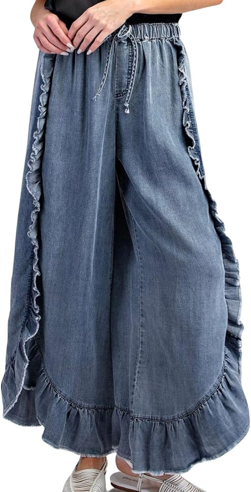 CHARTOU Women Denim Palazzo Pants Jeans Flare Elastic Waist Wide Leg Pants Raw Frayed Hem Jeans F... | Amazon (US)