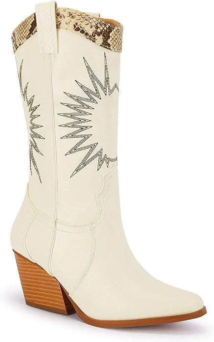 Coutgo Womens Western Cowboy Knee High Boots Wide Calf Chunky Stack Heel Pointed Toe Cowgirl Embr... | Amazon (US)