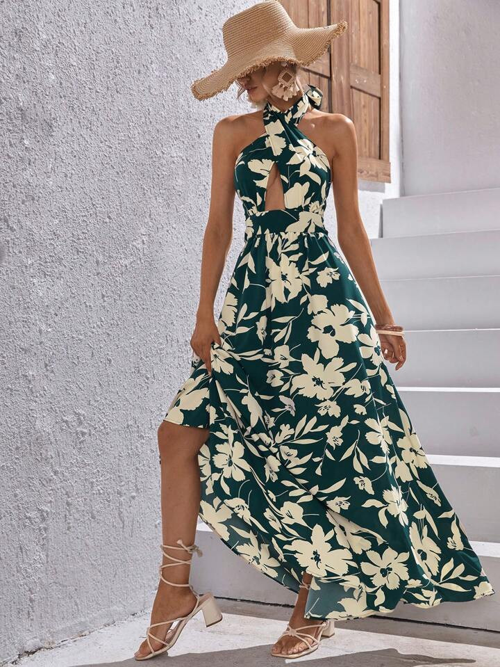 SHEIN VCAY Floral Print Cut Out Front Halter Neck Dress | SHEIN