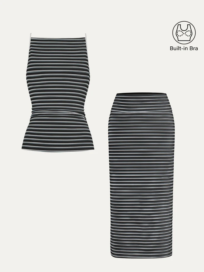 2Pcs Set Striped Spaghetti Brami & Low Rise Striped Midi Skirt | OGLmove