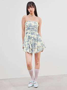 CIDER Women's Summer Cocktail Dress - Tube Ruched Ruffle Mini Dress | Amazon (US)