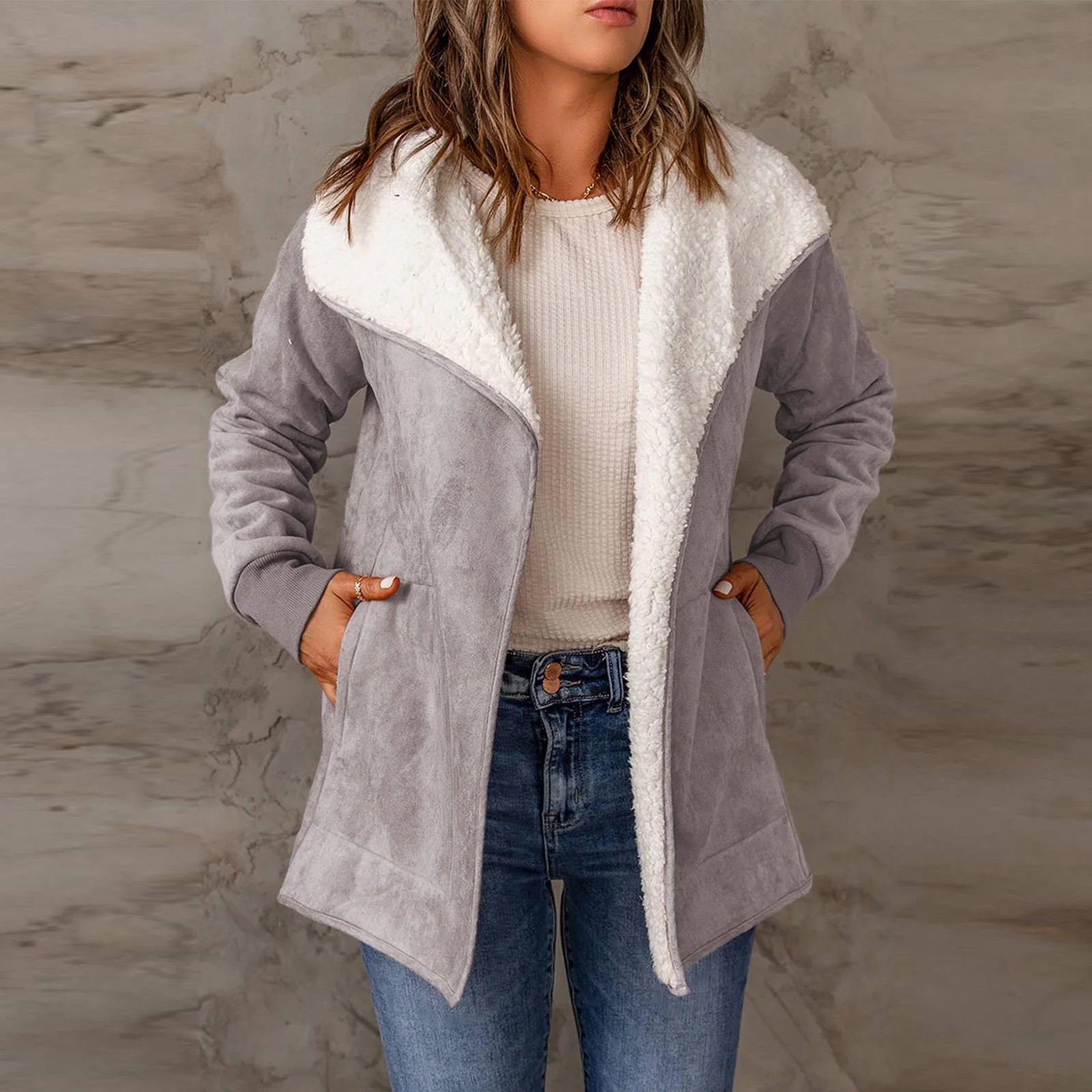 VALMASS Slim Fit Solid Color Winter Thick Thermal Pockets Tunic Long Fleece Coat Women (L, Gray) | Walmart (US)