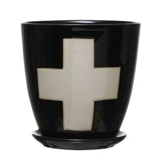 6" Black Stoneware Planter with Saucer & Wax Relief White Swiss Cross Set, 2ct. | Michaels Stores