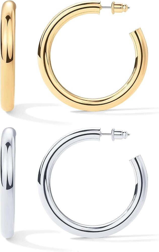 PAVOI 14K Gold Plated Lightweight Chunky Open Hoops | Gold Hoop Earrings for Women | Amazon (US)