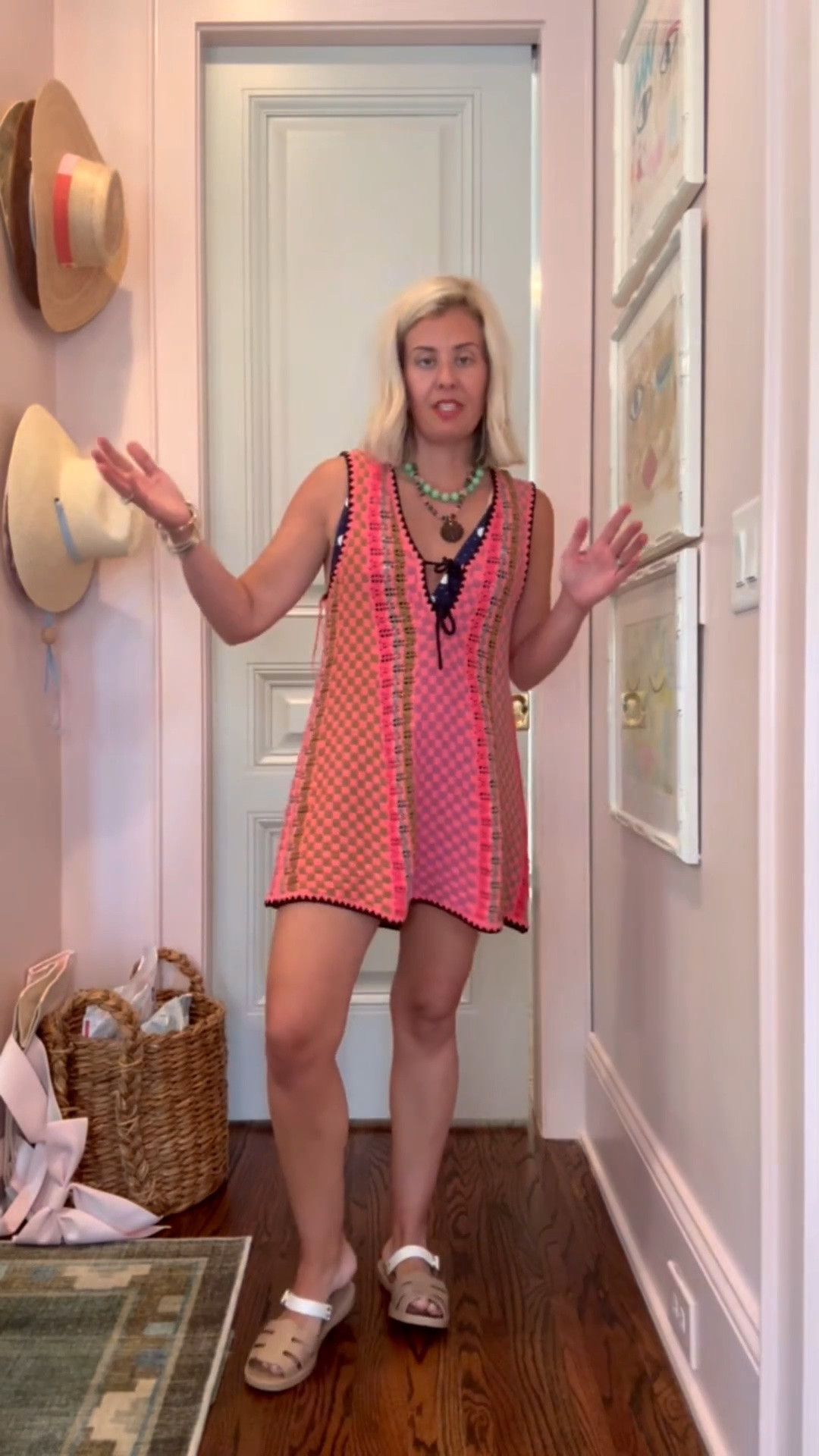 This coverup is so dang cute!! You can totally wear this to lunch by the pool or beach. The colors are so good. I’m in an XS dress, small swimsuit and 7/8 jelly. 

#LTKdayinmylife #LTKSwim #LTKSeasonal