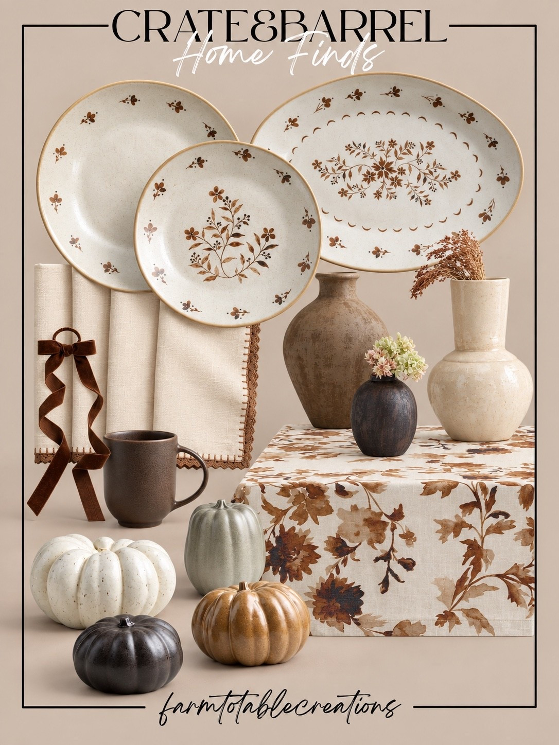 Crate & Barrel Fall Tabletop Finds 🍂

Bring all the cozy fall charm to the table with these beautiful Crate & Barrel finds. The delicate floral dinnerware, warm botanical tablecloth, earthy vases, soft neutral linens, velvet ribbon, and decorative pumpkins create a layered autumn look that feels elegant without being overly themed.

I love the mix of creamy neutrals, chocolate brown, muted green, and touches of antique gold. It’s perfect for everyday fall dining, hosting friends, or creating a beautiful Thanksgiving table.

Follow @farmtotablecreations on Instagram for more cozy home finds and trending decor.

#LTKHome #CrateAndBarrel #CrateAndBarrelFinds #FallTable #FallTablescape #ThanksgivingTable #FallDecor #AutumnDecor #CozyHome #TableSetting #NeutralFallDecor #FallEntertaining #LTKFinds

#LTKHome