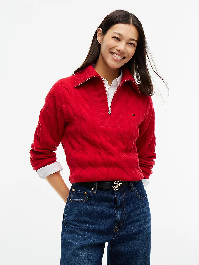Pure Wool Cable Knit Quarter-Zip Jumper | Tommy Hilfiger UK