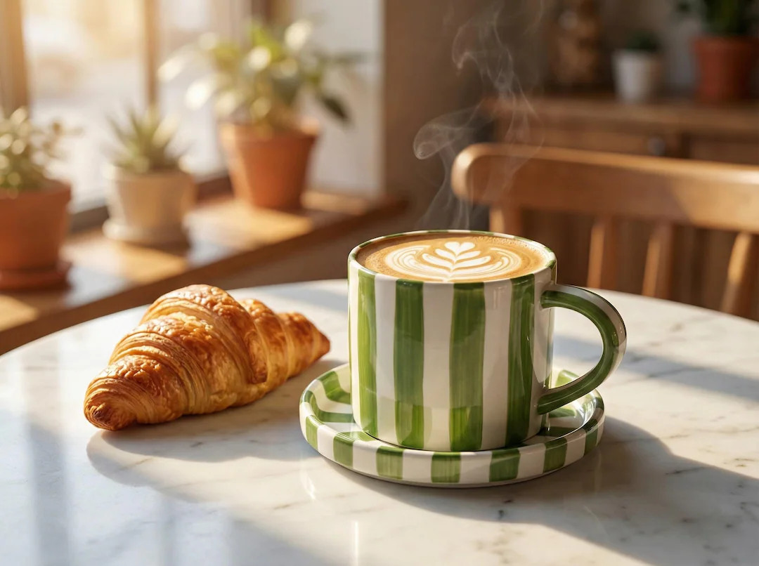 Green Striped Ceramic Mug and Saucer Set, 280ml Coffee Cup | Etsy (US)