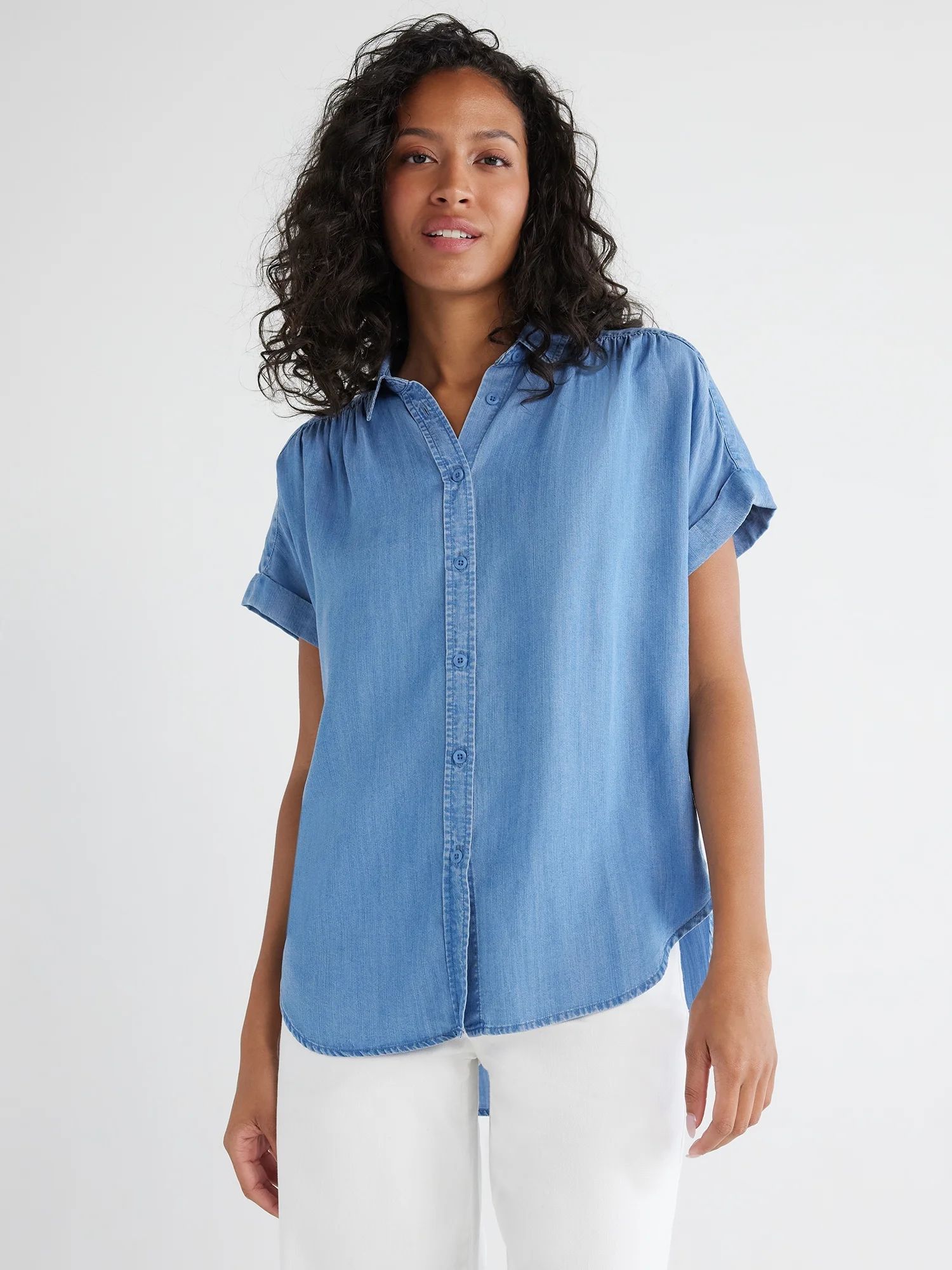 Time and Tru Women's Button Down Camp Shirt with Roll Cuff Sleeves, Sizes XS-XXXL | Walmart (US)