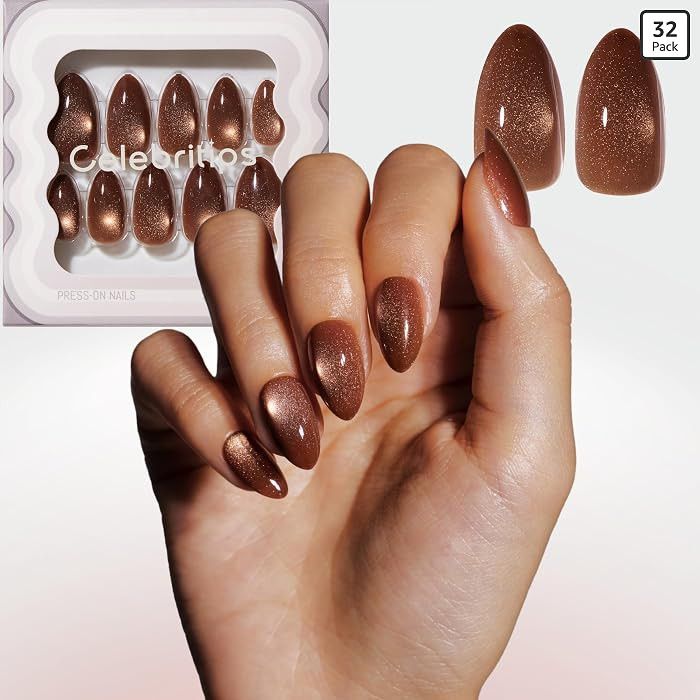 Celebritips Nail Art Press-Ons | Cinnamon Powder, Short Almond Nails, Reusable, Salon Quality Fal... | Amazon (US)