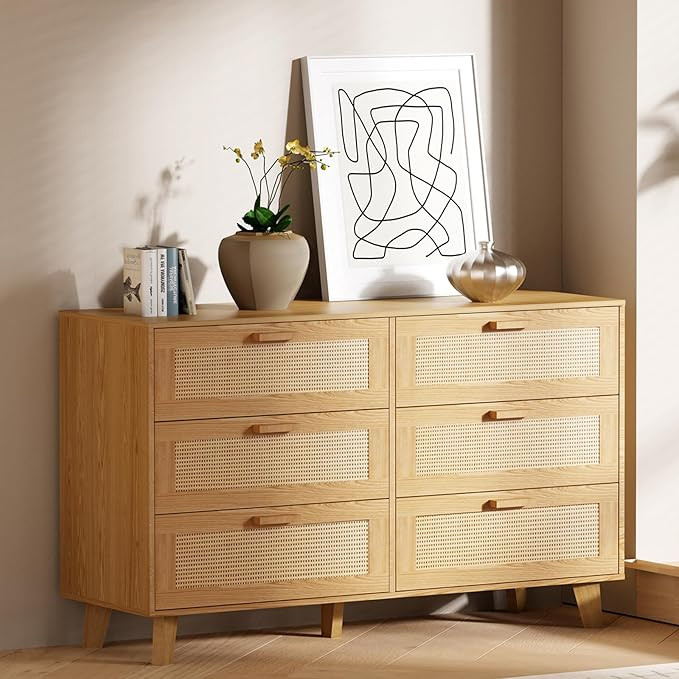 Rattan Dresser, 6-Drawer Double Dresser Rattan Storage Chest Unit for Bedroom | Amazon (US)