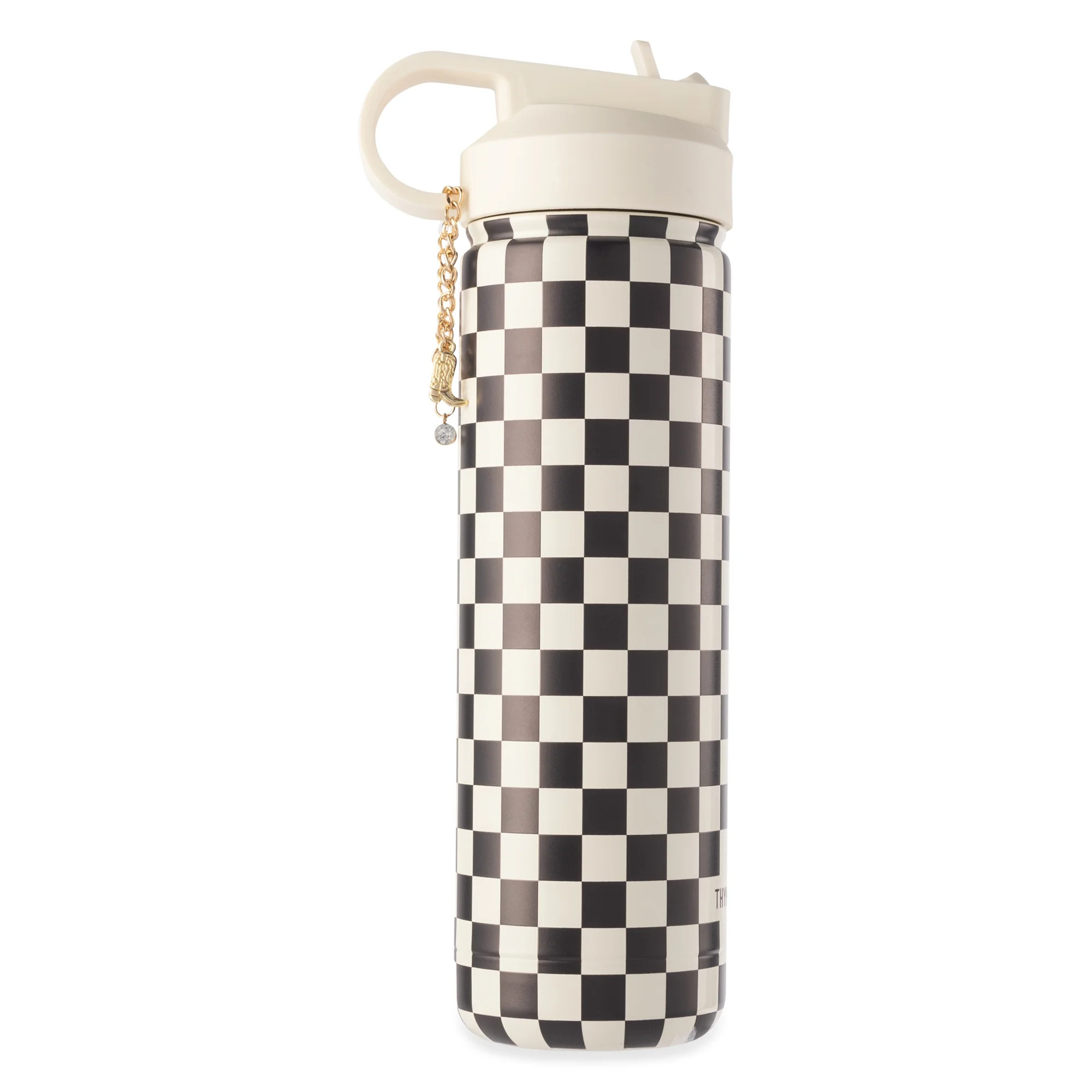 Thyme & Table 26 fl oz Water Bottle with Straw Lid, Cream & Black Check with Cowgirl Gold Charm | Walmart (US)