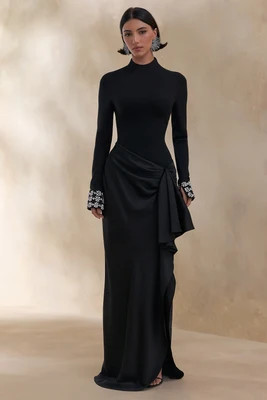 Starred | Black High-Neck Maxi Dress With Satin Wrap-Skirt And Embellished Cuffs | Club L London