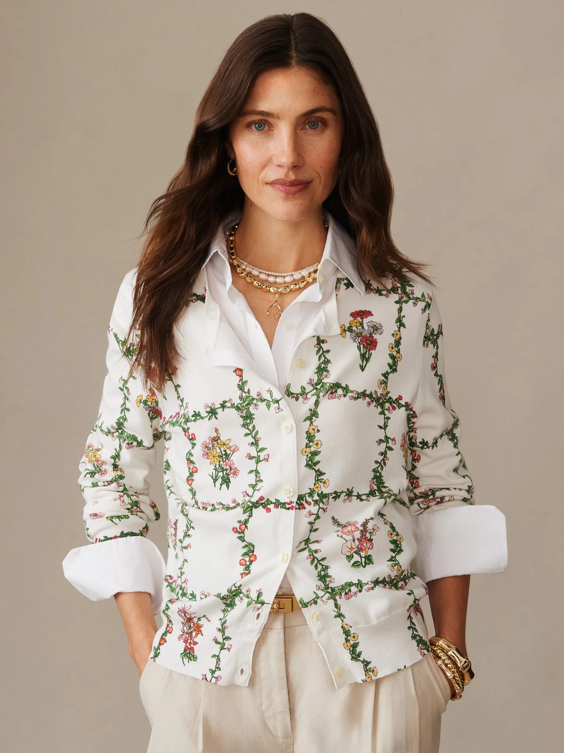 Off_White/Multi Floral Medley Frame Whitney Cardigan | Women's Sweaters | J.McLaughlin | J.McLaughlin