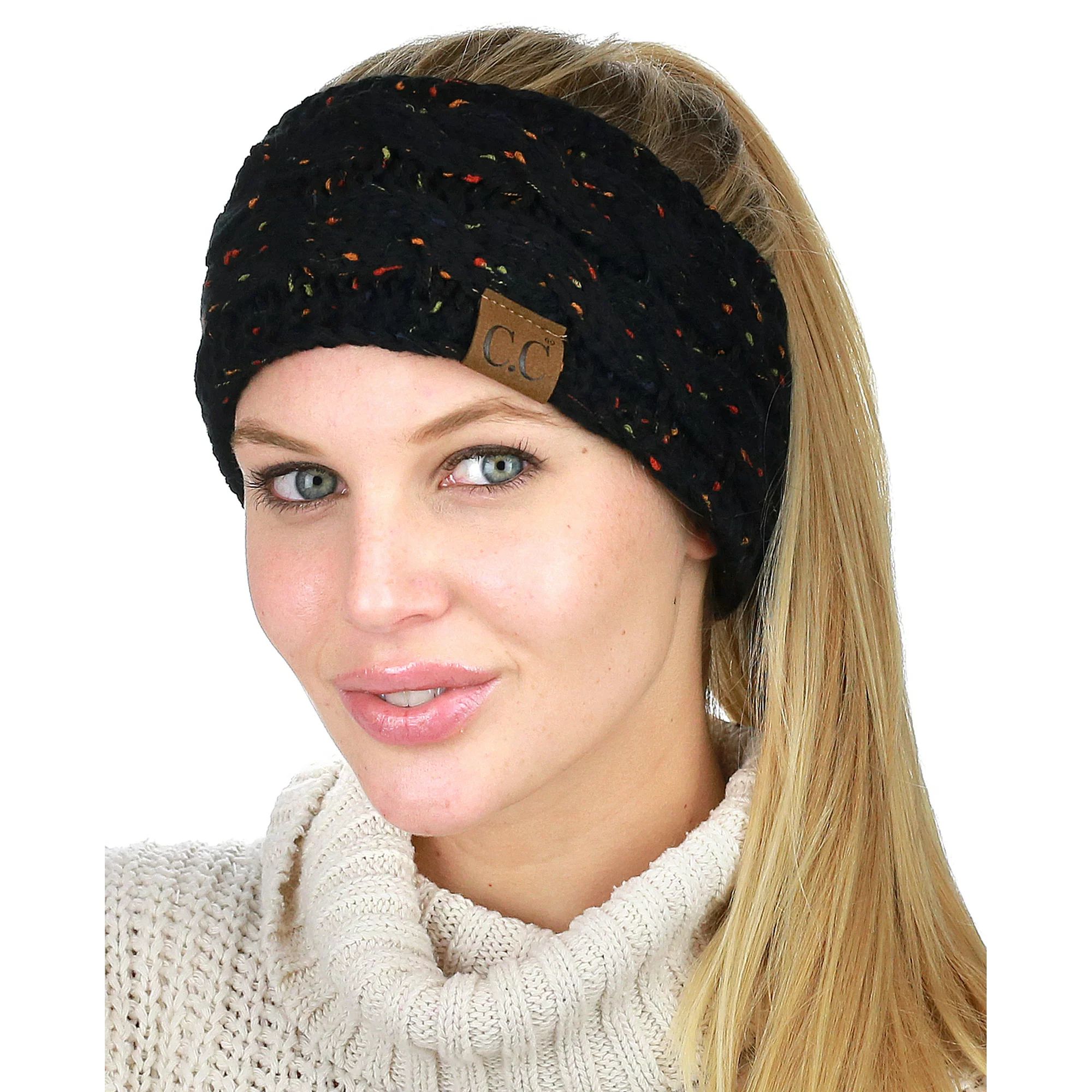 C.C Colorful Confetti Winter Warm Cable Knit Fuzzy Lined Ear Warmer Headband, Black | Walmart (US)