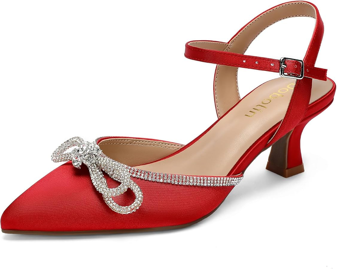 Wide Width Kitten Heels for Women Rhinestone Bow Pointed Closed Toe Pumps Ankle Strap Wedding Bri... | Amazon (US)