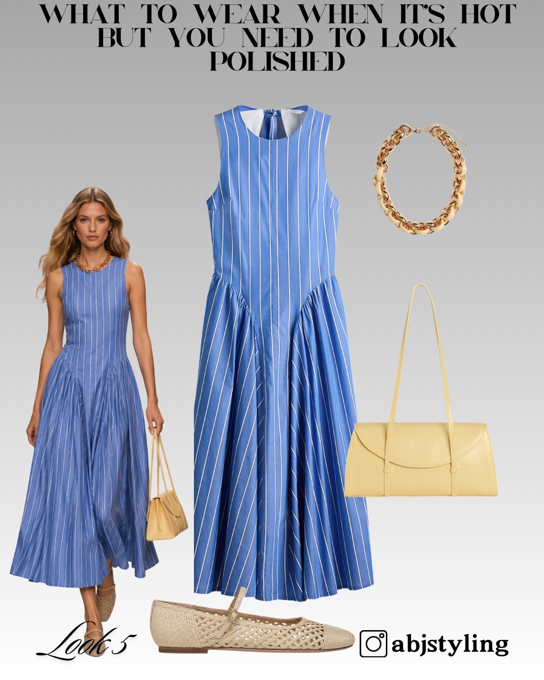A blue striped midi dress with a sculpted bodice and fuller skirt, styled with woven Mary Jane flats, a soft yellow shoulder bag and a chunky gold necklace.

Styling tip: Pick an accessory colour already adjacent to your main shade. Soft yellow works beautifully with blue and feels more refined than a high-contrast colour.

#LTKuk #LTKsummer #LTKeurope