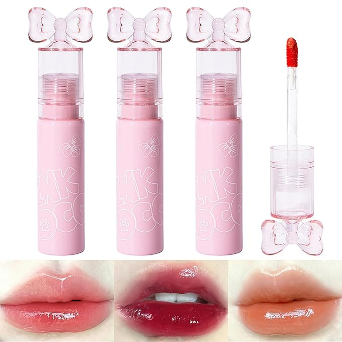 3 Colors Cute Bow Lip Gloss Pack, Kawaii Makeup Set Glossy Tinted Lip Stain, Mirror Hydrating Lip... | Amazon (US)